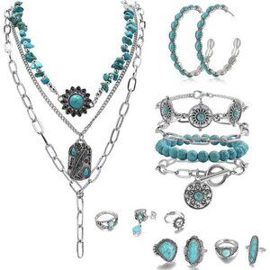 16 Pcs Western Jewelry for Women Bohemian Set, Boho Pendant Long Choker, Faux